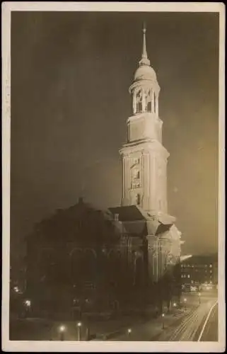 Ansichtskarte Neustadt-Hamburg Michaeliskirche Stimmungsbild bei Nacht 1928