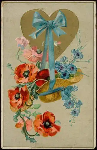 Künstlerkarte Gold Herz Mohnblumen Kornblumen 1912 Goldrand/Prägekarte