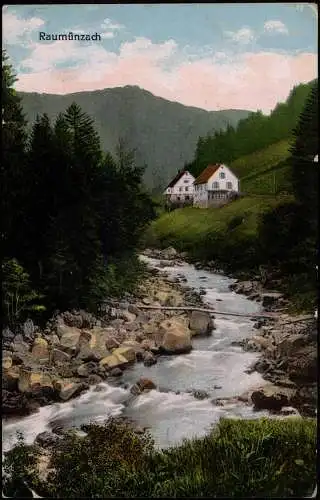 Ansichtskarte Raumünzach-Forbach (Baden) Flußpartie und Häuser 1917