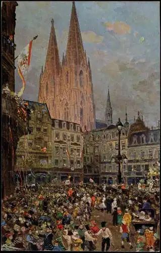 Köln Der Rosenmontagszug auf dem Wallrafplatz Künstlerkarte 1912