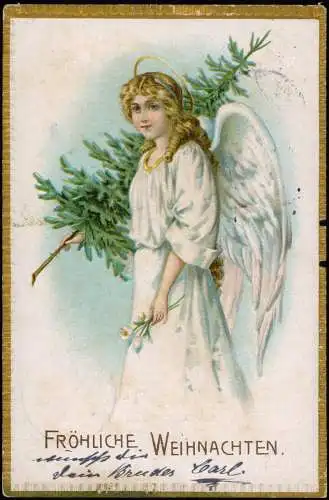 Weihnachten Christmas Engel mit Tannenbaum Goldrand 1912 Goldrand