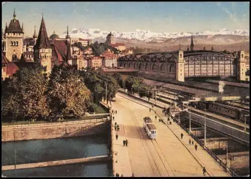 Ansichtskarte Zürich REPRO AK BAHNHOF MIT ZOLLBRÜCKE 1913/1985