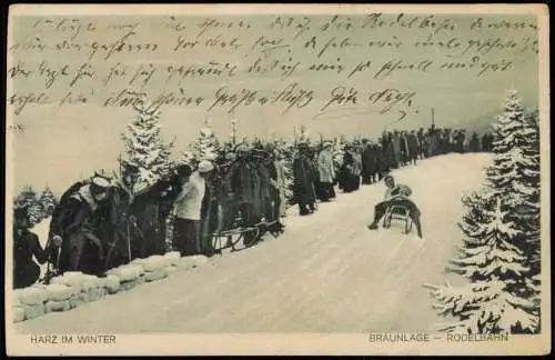 Ansichtskarte Braunlage Harz im Winter Rodelbahn 1927