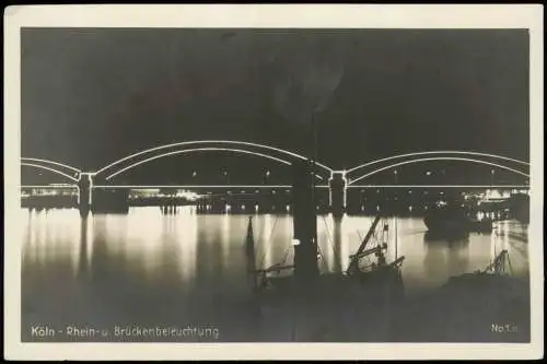 Ansichtskarte Köln Pressa - Rhein-u. Brückenbeleuchtung bei Nacht 1928
