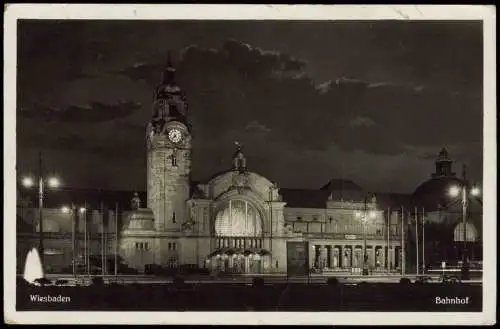 Ansichtskarte Wiesbaden Hauptbahnhof bei Nacht Mondschein 1939