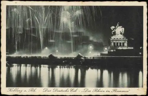 Ansichtskarte Koblenz Deutsches Eck, Beleuchtung, Leuchtspuren 1930