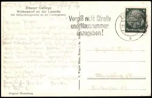 Waltersdorf-Großschönau (Sachsen) Der Rübezahl-Wegweiser a. d. Landesgrenze 1937