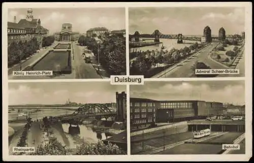 Ansichtskarte Duisburg Rheinpartie Admiral Scheer-Brücke Bahnhof 1941