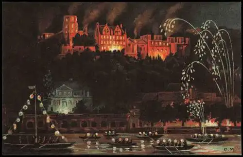 Ansichtskarte Heidelberg Schloß bei Nacht beleuchtete Schiffe Feuerwerk 1912