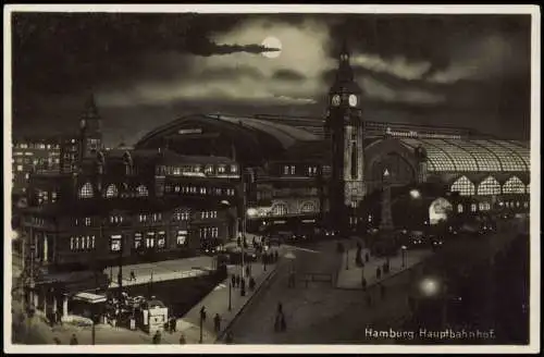 Ansichtskarte Hamburg Hauptbahnhof bei Nacht Mondschein 1929