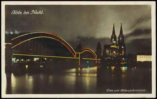 Köln Dom und Hohenzollernbrücke bei Nacht farbige Colorierung 1930