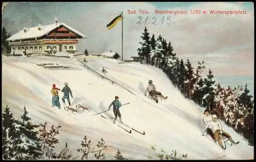 Ansichtskarte Bad Tölz Blomberghaus Wintersportplatz Rodler 1916