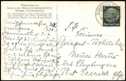 Ansichtskarte Wilhelmshaven Marine-Gedächtnis-Kirche - Innen 1939