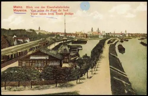 Ansichtskarte Mainz Blick von der Eisenbahnbrücke - Ruderverein 1917