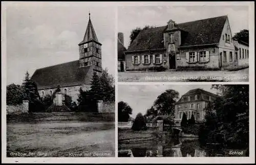 Ansichtskarte Grabow (bei Burg) Gasthof, Kirche, Schloß 1930