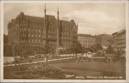 Postcard Stettin Szczecin Rathaus und Manzelbrunnen - Fotokarte 1932