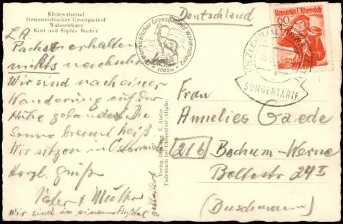 Riezlern Mittelberg Vorarlberg Grenze Walserschanz 1955  Stempel Sondertarif