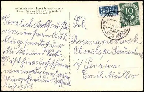 Endorf-Sundern Sauerland Sommerfrische Heinrich Schwermann 1955 Landpoststempel