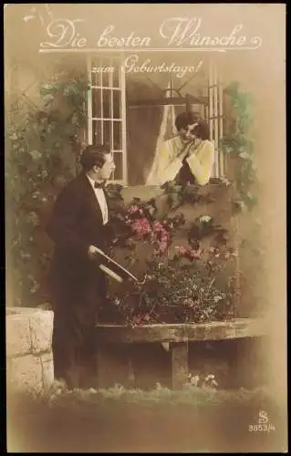 Ansichtskarte  Geburtstag Birthday Fotokunst Mann vor Fenster der Frau 1913