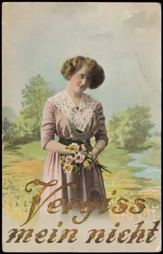 Liebe Liebespaare - Love Frau mit Rosen Vergiss mein nicht 1913 Goldrand