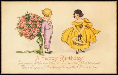 A Happy Birthday Junge mit Rosen Mädchen im Kleid Geburtstag 1922 Goldrand