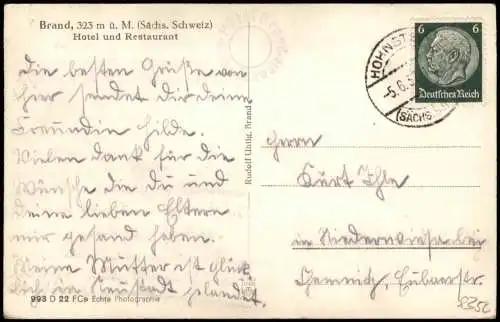 Ansichtskarte Hohnstein (Sächs. Schweiz) Hotel Brand Blick ins Elbtal 1937