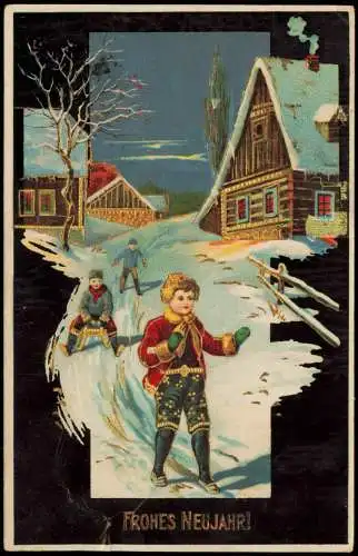 Ansichtskarte  Neujahr Sylvester New Year Kinder beim rodeln 1913 Goldrand