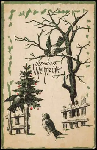 Ansichtskarte  Weihnachten Christmas Vögel Spatzen Baum 1916 Prägekarte