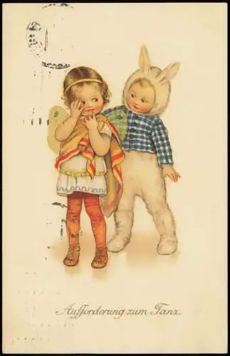 Kinder Künstlerkarte Mädchen als Engel Junge als Hase TANZ 1913