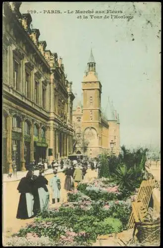 CPA Paris Le Marché aux Fleurs et la Tour de l'Horloge 1908