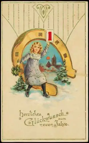 Neujahr Sylvester New Year Mädchen sitzt auf Riesenhufeisen 1914 Goldrand