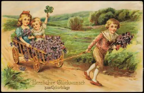 Geburtstag Birthday Jungew zieht Wagen mit Mädchen Veilchen 1916 Goldrand