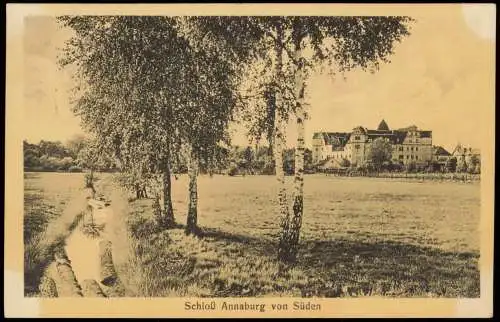 Ansichtskarte Annaburg Birken am Wegesrand Schloß 1930