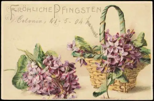 Pfingsten Pentecost Korb mit Veilchen Künstlerkarte 1904 Prägekarte