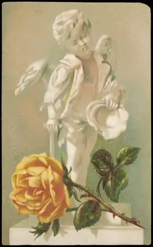 Künstlerkarte Engel Angel als Marmorstatue gelbe Rose 1912 Prägekarte