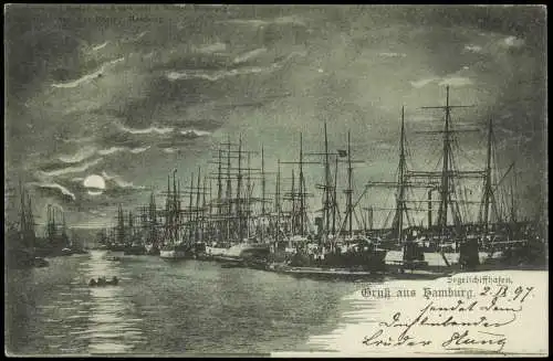 Ansichtskarte Hamburg Hafen Segelboote bei Mondschein 1897