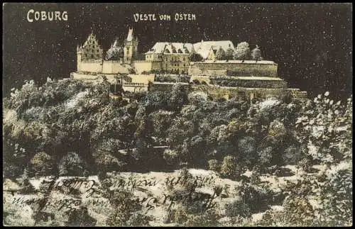 Ansichtskarte Coburg Veste Coburg von Osten bei Nacht und Schneefall 1908