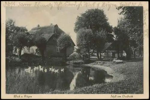 Ansichtskarte Wiek (Rügen) Idyll am Dorfteich 1930