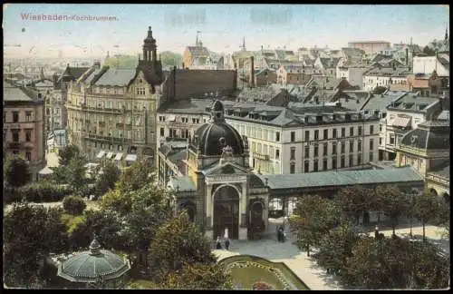 Ansichtskarte Wiesbaden Stadtpartie mit Kochbrunnen 1909