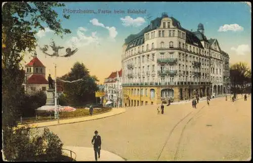 Ansichtskarte Pforzheim Partie beim Bahnhof 1915