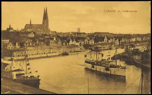 Ansichtskarte Lübeck Hafenpartie Dampfer 1916