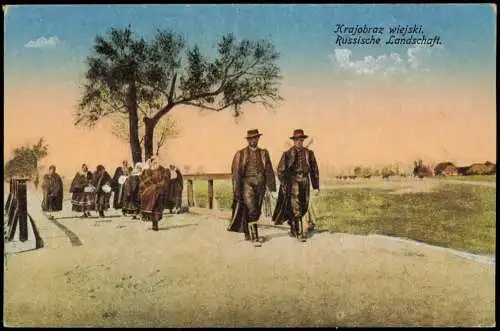 .Russland Rußland Россия Krajobraz wiejski. Menschen in Tracht 1915