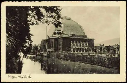 Ansichtskarte Hagen (Westfalen) Flusspartie an der Stadthalle 1937