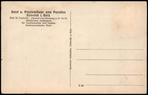 Herzberg (Harz) Hotel u. Pensionshaus zum Paradies Siebertal i. Harz 1912