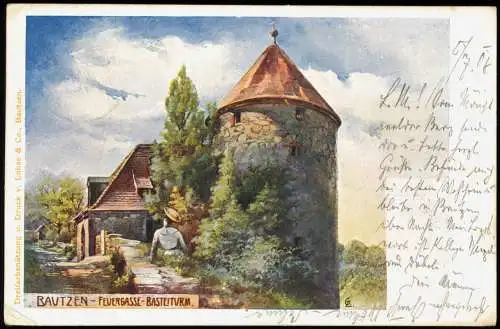 Ansichtskarte Bautzen Budyšin Künstlerkarte Feuergasse Basteiturm 1907