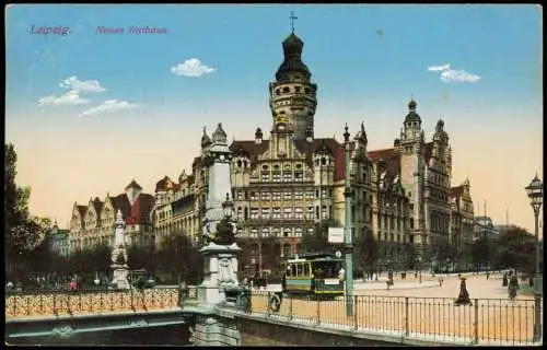 Ansichtskarte Leipzig Neues Rathaus, Straßenbahn Tram 1914