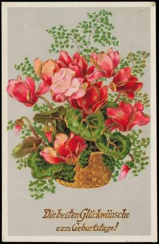 Geburtstagsglückwunsch: rote Alpenveilchen Cyclamen 1938 Goldrand/Prägekarte