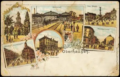 Ansichtskarte Litho AK Oberhausen Gruss aus Bahnhof Straßen Markt 1906