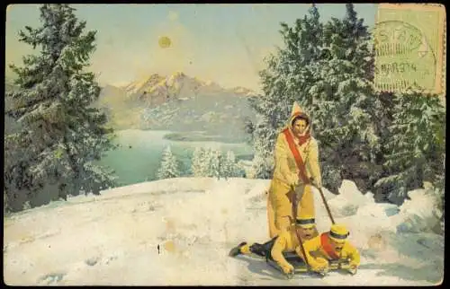 Ansichtskarte  Wintersport: Schlitten Rodeln Bergwelt 1914  Stempel Constanta