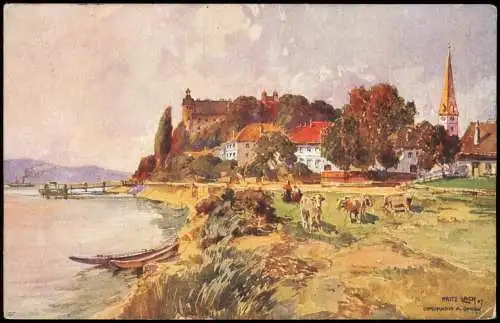 Signierte Künstlerkarte Gemälde Art: Dorf-Idylle mit Vieh-Weide 1924